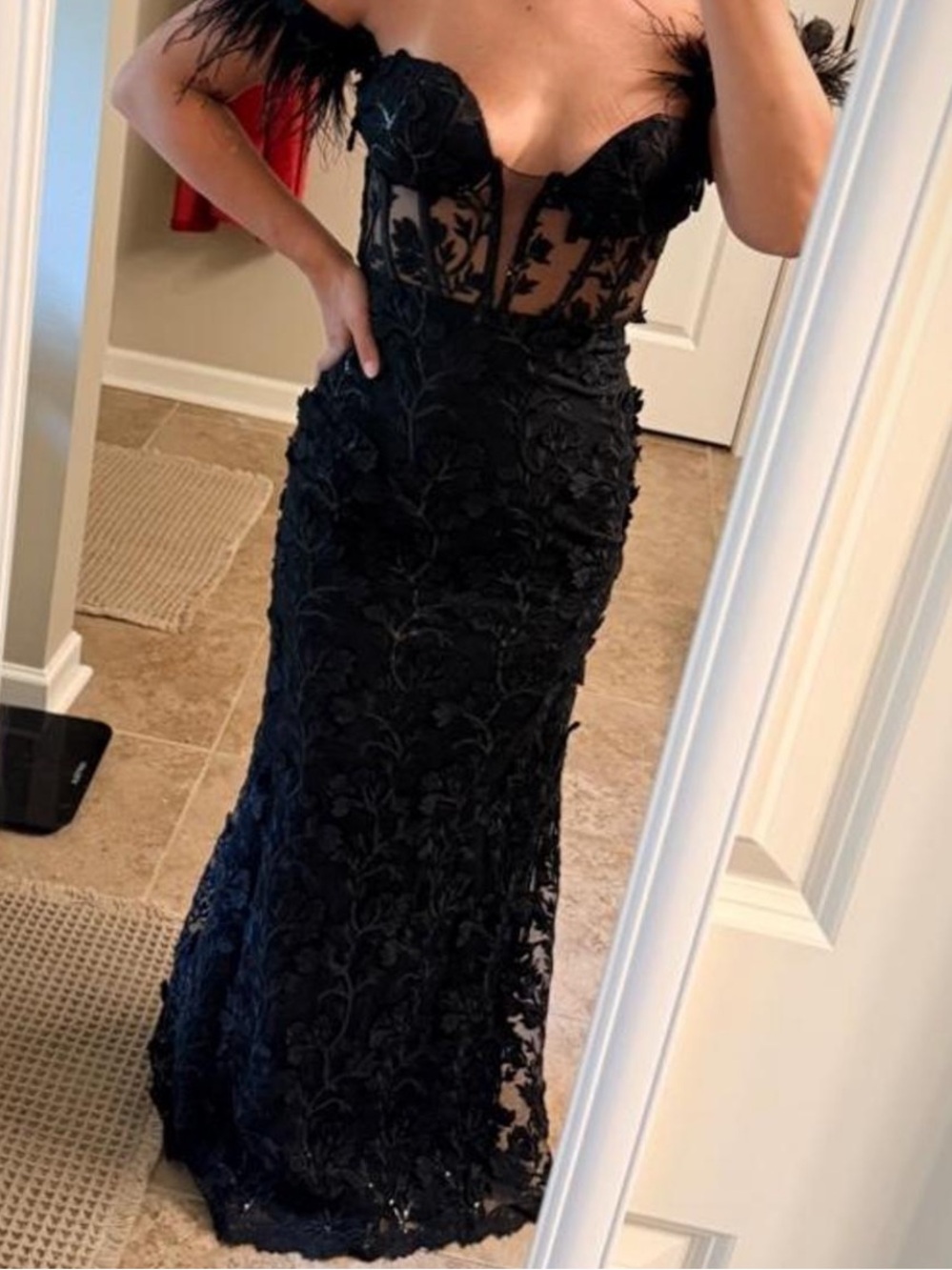 Lulus Black Lace Feather Sequin Maxi Dress | Formal Prom Evening